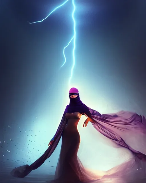 Image similar to beautiful arab woman in futuristic niqab, floating in mid - air, long flowing fabric, flowers, rain, lightning, storm, digital painting, illustration by raymond swanland and artgerm and mina petrovic and timothy kong and marina federovna, light, shadows, reflections, epic composition, intricate, elegant, volumetric lighting, artstation
