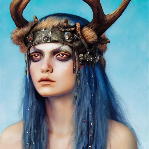 Prompt: A young female shaman, blue hair and antlers on her head, blindfolded, heilung, in the style of Heather Theurer, headshot photoshoot, artstation, made by karol bak