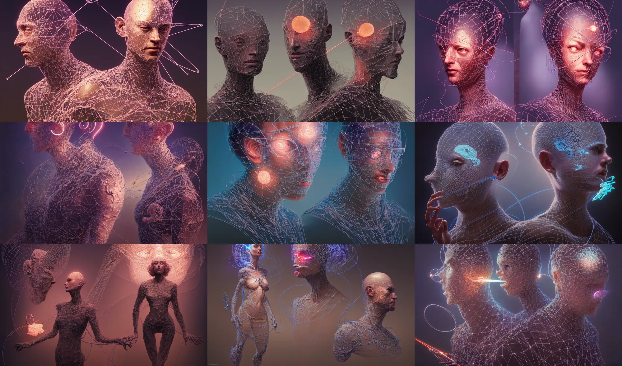 Prompt: beautiful self portrait, high poly 3 d glowing wireframe models, lasers, ultra realistic, intricate details, holographic artifacts, highly detailed by peter mohrbacher, boris vallejo, hajime sorayama, wayne barlowe, paolo eleuteri serpieri