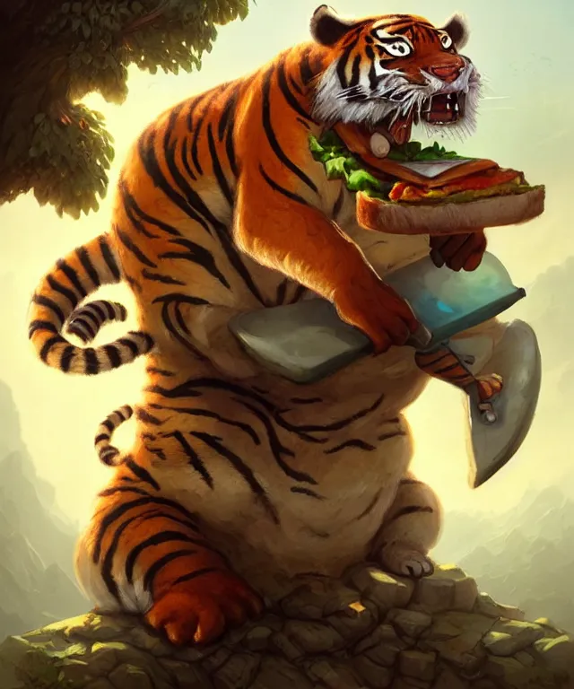 Image similar to a portrait an anthropomorphic explorer tiger eating a sandwich, landscape in background, cute and adorable, dnd character art portrait, well rendered matte fantasy painting, deviantart artstation, by jason felix by steve argyle by tyler jacobson by peter mohrbacher, cinematic lighting