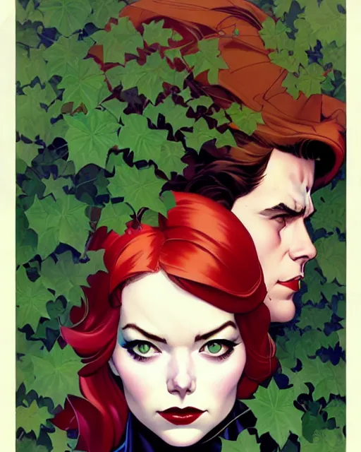 Image similar to joshua middleton, phil noto, norman rockwell, artgerm, rockabilly emma stone poison ivy dc comics, vines, symmetrical eyes, city rooftop