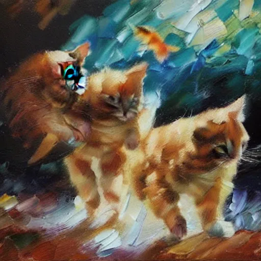 Image similar to palette knife oil painting of a flock of flying kittens