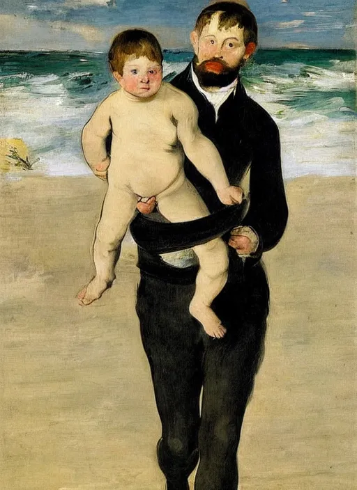 Image similar to a clothed man carrying his child over his shoulders walking near the beach, anatomically correct, painting by manet, masterpiece