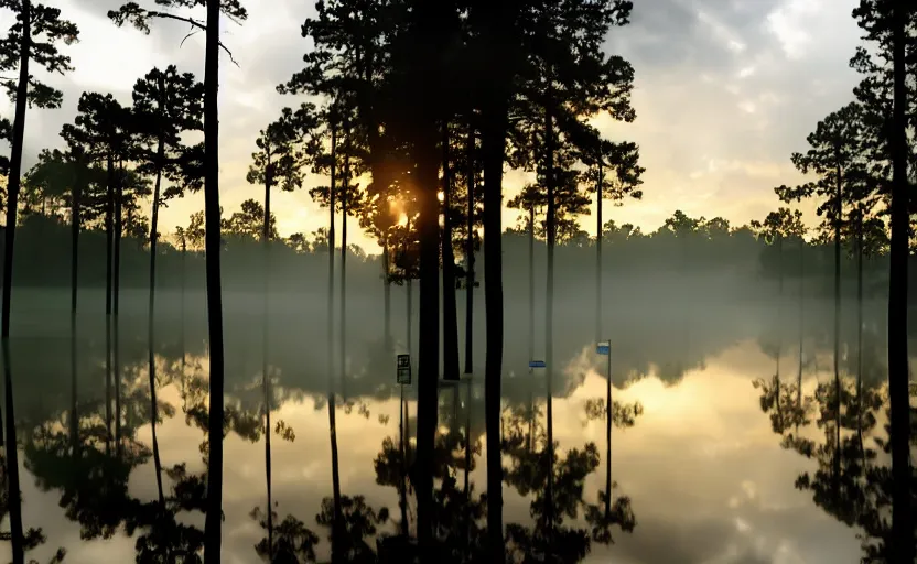 Prompt: augusta national, the masters, nr. 1 2, completely flooded, beautiful ambient light, stunning photography, fog, light rays