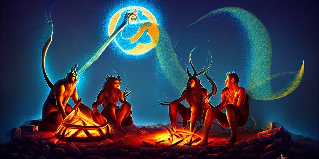 Prompt: uncanny bifrost!!!!!! mythical beasts of sitting around a fire under a full moon at bifrost, surreal dark uncanny painting by ronny khalil