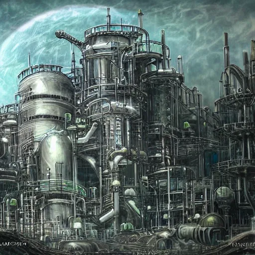 Image similar to futuristic chemical plant with gothic elements, fantasy painting, lots of detail