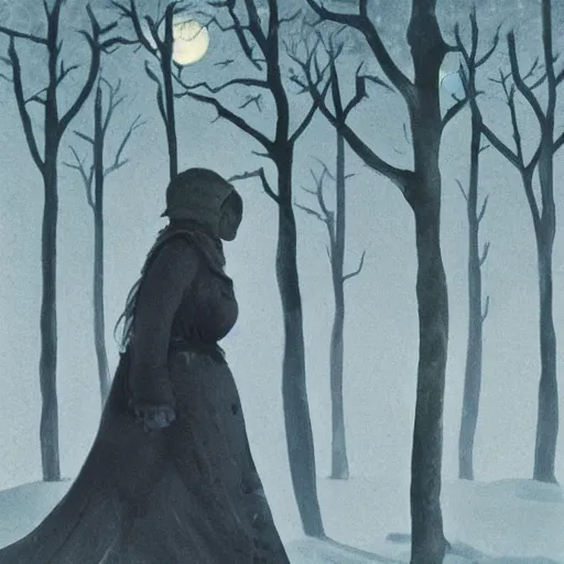 Prompt: beautiful woman with her eyes closed, close - up face, walking in the forest at night. full moon. folk horror. hyper detailed. socialist realism. winter