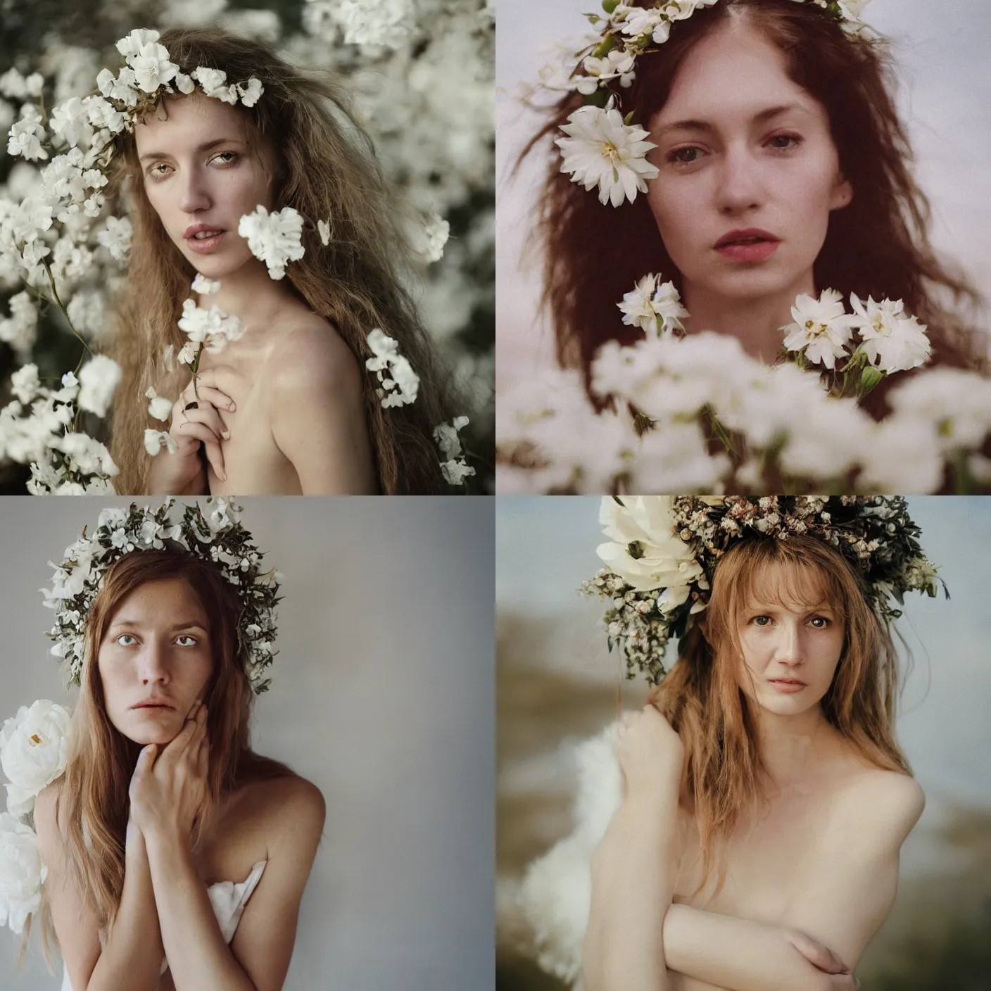 Prompt: An analog head and shoulder frontal face portrait photography of a woman wearing a big white flowers crown by Nina Masic. Long soft hair. eyes open. Kodak Color Plus 800 film. Icelandic mood. detailed. hq. realistic. warm light. muted colors. lens flare. Glare and bloom. photoreal. Medium format photography. Rembrandt light mood. Golden hour. Leica M9.