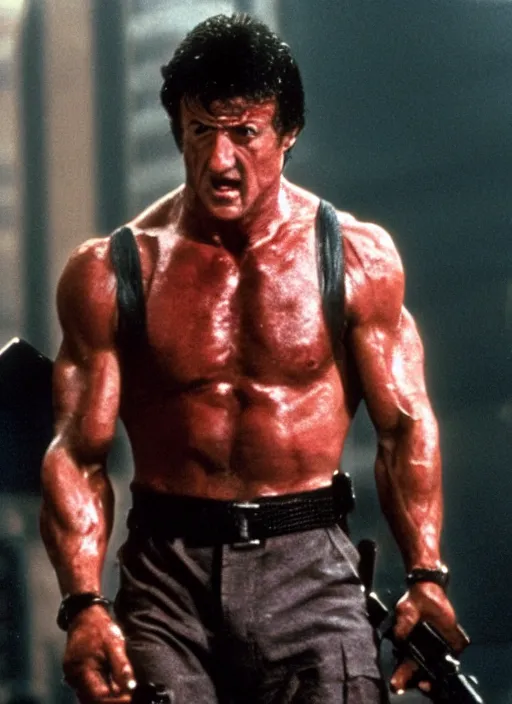 Prompt: film still of Sylvester Stallone as John McClane in Die Hard, 4k