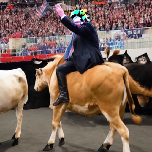 Prompt: Donald Trump riding a cow in an arena filled with cats