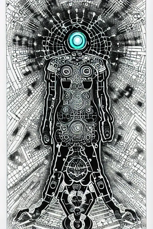 Prompt: a black and white drawing of awakened chakra android cyberpunk being, bioluminescence, a detailed mixed media collage by eduardo paolozzi and ernst haeckel, intricate linework, sketchbook psychedelic doodle comic drawing, geometric, deconstructivism, matte drawing, academic art, constructivism