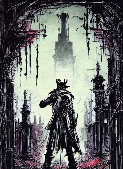 Prompt: a hunter from bloodborne vs retrofuturism robot in yharnam, style by retrofuturism, faded red and yelow, by malcolm smith, old comics in city, nicholas roerich