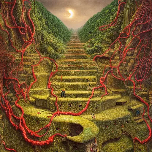Image similar to intricate stunning highly detailed illustration of the inca lost city of gold, red 🌱, by agostino arrivabene and vladimir kush, blood blood blood rivers running through stairs, surreal, digital painting, ultra realistic, dramatic lighting, twisted vines, lush plants, gold, inca, pristine water, artstation