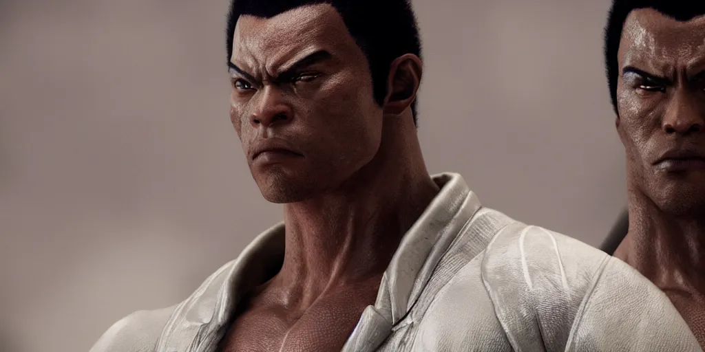 Image similar to a film still of a black man starring in a japanese blockbuster film as kazuya from tekken, shallow depth of field, cinematic, award winning cgi, vfx, film still