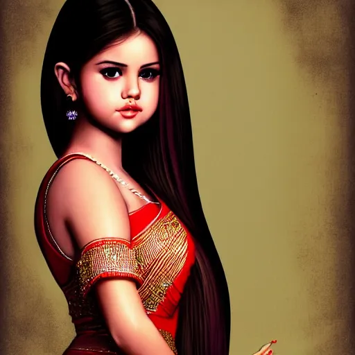 Prompt: theatrical press release ; young selena gomez in assamese mekhela dress doing bihu dance steps ; stunning digital artwork by artgerm ; cinematic movie pose ; photorealistic, hyperrealistic, dramatic soft rim light ; highly detailed ; face by wlop ; trending on artstation ; cinematography from music video