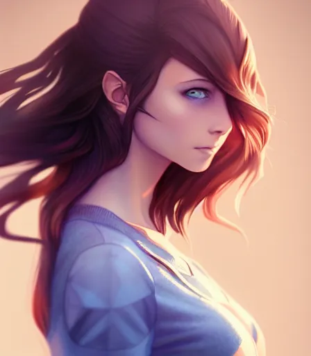 Prompt: drawing of a woman with blue eyes, brown hair and a perfect body, wearing clothes, character design by charlie bowater, ross tran, artgerm, and makoto shinkai, detailed, soft lighting, rendered in octane