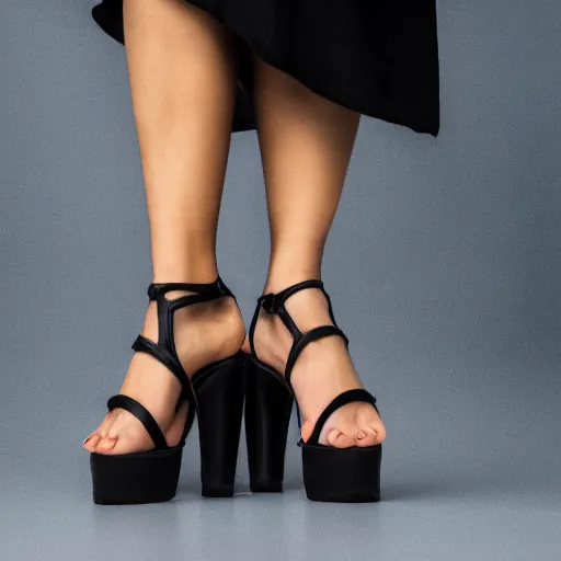 Image similar to a close up shot of a woman's feet in black demonia chunky platform sandals, studio light, 8 k