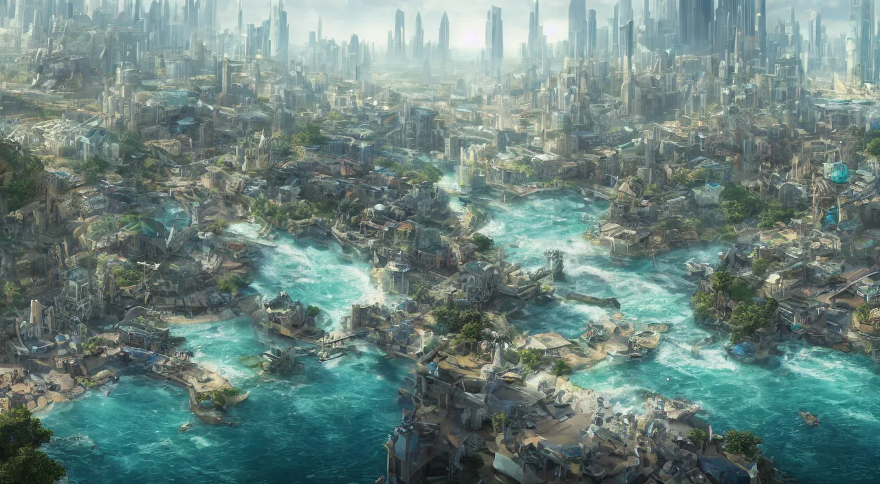 Prompt: a beautifully detailed matte painting of a solarpunk city in the day, an aquamarine sea is seen behind in the background, dynamic lighting, cinematic lighting, vibrant and powerful, unreal engine, featured on artstation, wide angle