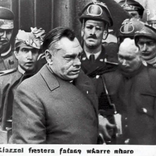 Image similar to leader of fascist hungary, viktor orban, overseeing the war torn city of budapest during the siege 1 9 4 5