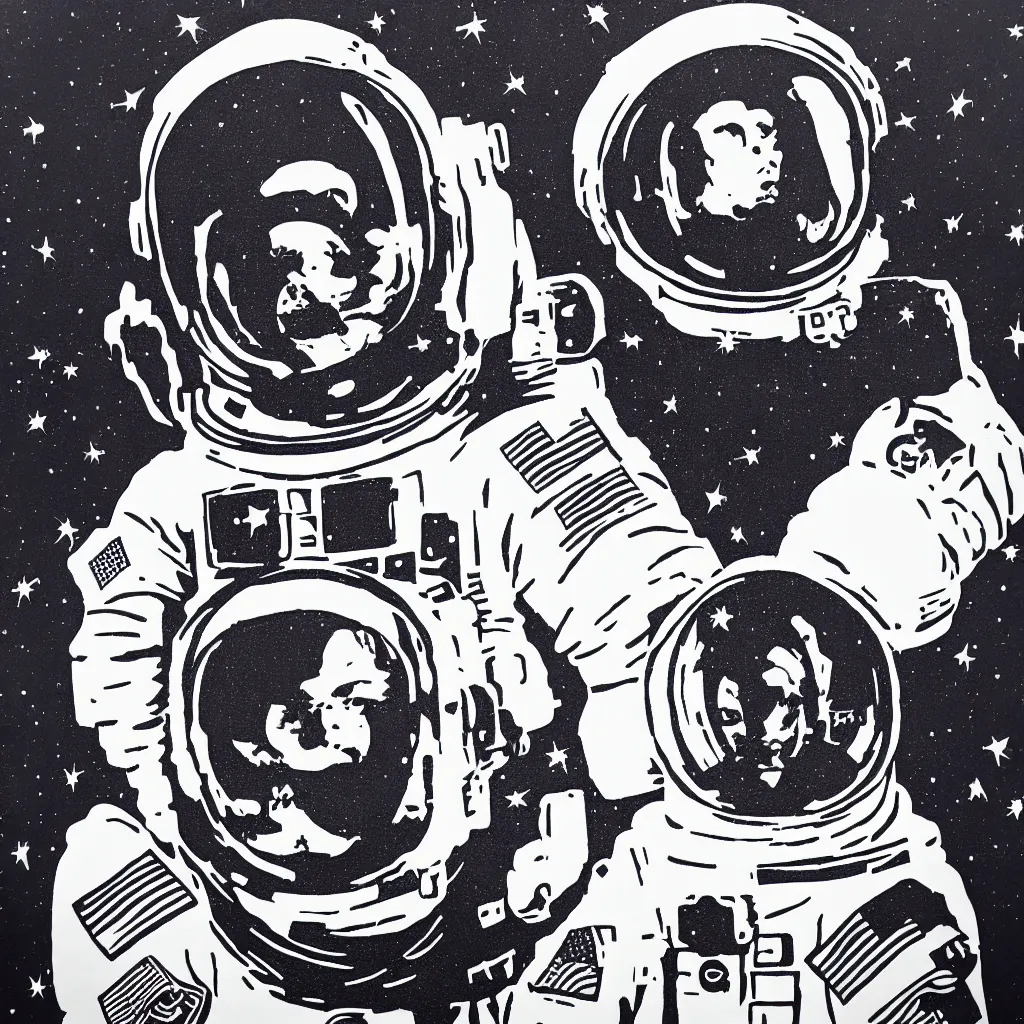 Image similar to individual furry astronaut silk screen portrait banksy style