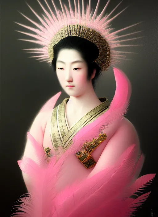 Prompt: stunning japanese godess princess, detailed pink and white million of feathers head peace against a black backdrop by ivan aivazovsky, 3 / 4 view portrait, wlop, super sharp details, photorealism, canon 5 d, 5 0 mm lens, stunning photoshot, beautiful soft lighting, muted colours, artstation