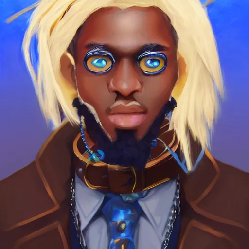 Prompt: african american man with blue eyes, blonde hair, blue horns, wearing steampunk attire, highly detailed, digital painting, artstation, matte, by makoto shinkai, animation style