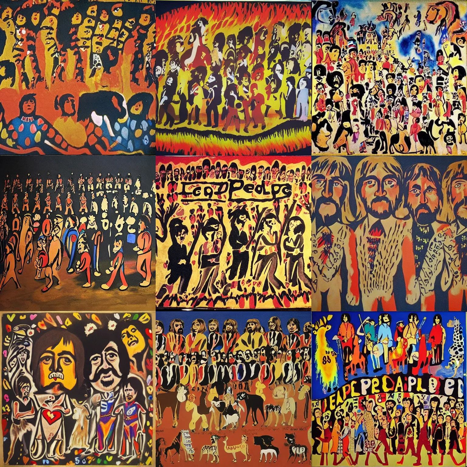 Prompt: lascaux cave painting of the beatles sgt pepper's!!! lauscaux cave painting!!! lonely hearts club band ( 1 9 6 7 ) album cover!!!!!!!!!!!!!!!!!!!!!!!!!!!!!! lascaux cave painting