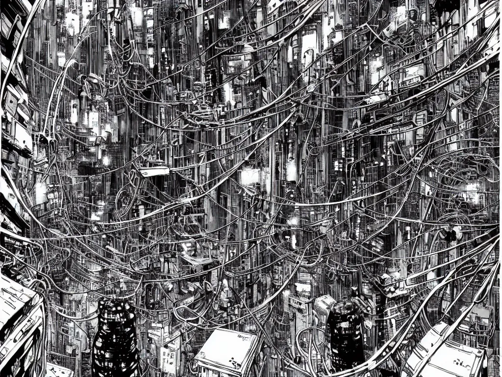 Image similar to cyborg monsters with tentacles and wires in detailed huge cybernetic mega city with wires in space, by nihei tsutomu