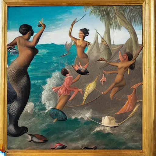 Prompt: prize winning oil painting of two famous writers fighting in a tower while calypso singers laugh at them and fishermen hold flowers between the windows of the sea where lovely mermaids flow, in style of neo rauch