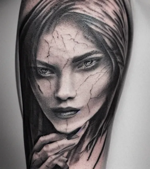 Image similar to tattoo design sketch of a beautiful mountain scenery with a faded beautiful woman face, hyper - realistic, in the style of matteo pasqualin, amazing detail, black and white, faded