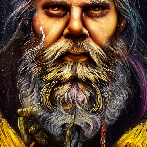 Prompt: mythological odin all father Shaman of artificial intelligence with white beard creating an artificial neural network with thunder with yellow synapses on an anvil, high resolution, award winning art, trending on art station, sharp image, incredibly detailed, detailed character realistic painting