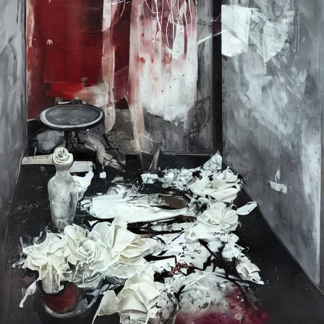 Prompt: a female artist's apartment, sensual portrait of a woman sleeping, cracked handmade japanese pottery vase, torn paper smouldering smoke, candles, white flowers on the floor, puddle of water, octopus, squashed berries, neo - expressionism, surrealism, acrylic and spray paint and oilstick on canvas