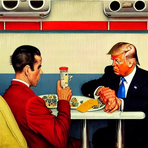 Image similar to joe biden and donald trump having dinner in a 1 9 5 0 s diner. highly detailed painting by norman rockwell 8 k