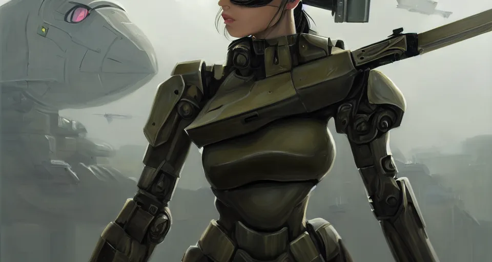Image similar to a photorealistic painting of an attractive young girl, clothed in stealth-like battle armor, a giant sci-fi sniper rifle, olive skin, long dark hair, beautiful bone structure, symmetrical face, perfect eyes, a futuristic hover-tank in the background, intricate details, elegant, digital painting, illustration, sharp focus, minimal artifacts, from Metal Gear, in the style of Ruan Jia and Mandy Jurgens and Greg Rutkowski, trending on Artstation, award winning, unreal engine, octane render