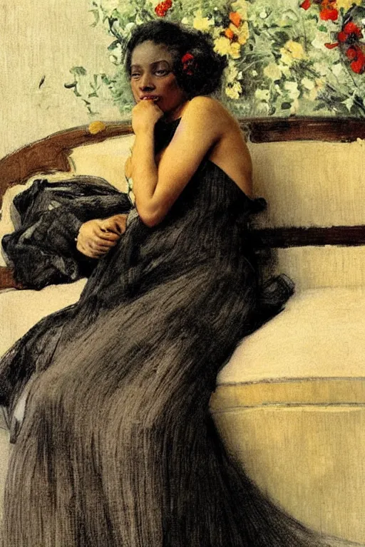 Image similar to black woman in a gown laying on couch, bloom flowers, modern, eclectic, illustration, by ramon casas