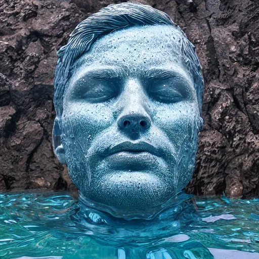 Image similar to a giant sculpture made out of water of a human head on the ocean, made purely out of water, cinematic, in the style of johnson tsang, long shot, hyper detailed, hyper realistic, ray tracing, 8 k resolution, sharp focus, realistic water, award winning