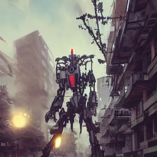 Image similar to six feet tall mech fighting in an urban environment, by gaudi, by ismail inceoglu, octane render, by weta digital, cinematic lighting, bump mapped, lumen reflections, ambient occlusion, action scene screenshot, epic scale, trending on artstation