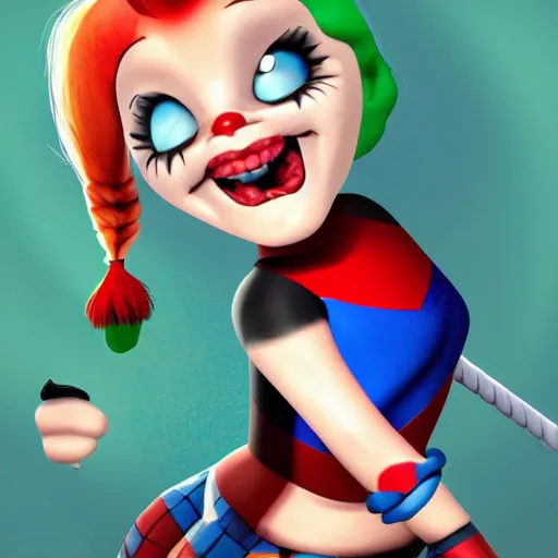 Image similar to baby harley quinn caricature with pigtail in hair like pebbles flintstones playing with a magic wand, full body, big head, large smile, pixar style, 4 k trending on artstation