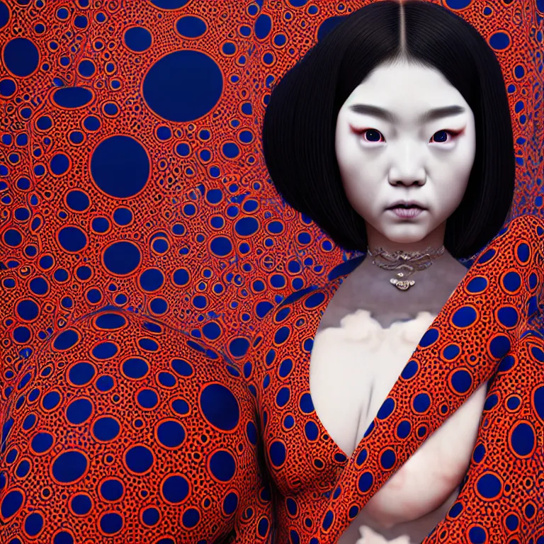 Image similar to hyperrealistic detailed image of a geisha in a art installation room, hd smooth interior by yayoi kusama, part by kei mieno, part by ross tran, dark art by james jean, ultra realistic, highly detailed, life like face, detailed body, 8 k, 3 d render by roger magrini, masterpiece