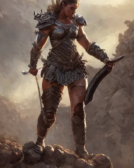 Image similar to muscular female warrior princess wearing heavy plate armor, robust stocky body, at the stone ruins, rpg artwork, hyperdetailed, hyperrealistic, soft light, imposing presence, pino daeni and dan mumford, artstation, intricate metal, smooth, sharp focus