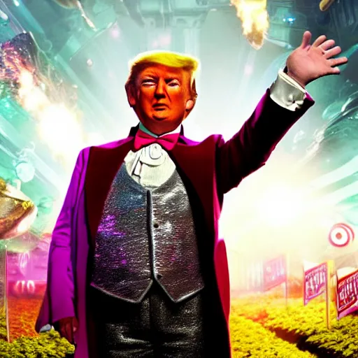Image similar to donald trump as willy wonka in avengers movie, fantasy, splash art, avengers movie, movie still, detailed face, photorealistic facial features, cinematic lighting, dramatic, octane render, long lens, shallow depth of field, blockbuster, bokeh, hd, anamorphic lens flare, 8 k, hyper detailed, 3 5 mm film grain