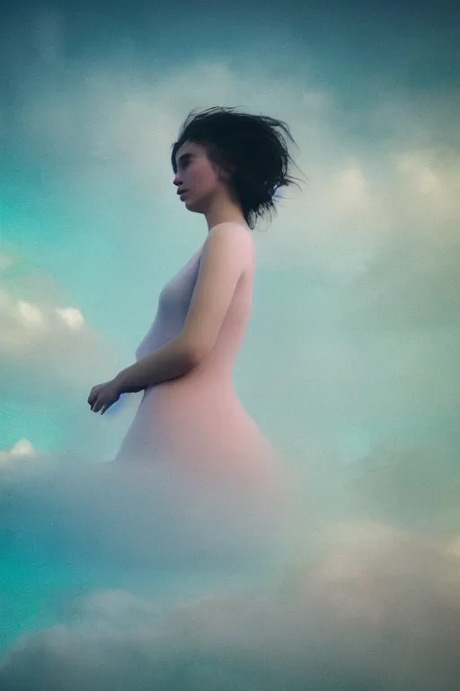 Image similar to high quality pastel coloured film close up wide angle photograph of a model wearing clothing swimming on cloud furniture in a icelandic black rock!! environment in a partially haze filled dreamstate world. three point light, rainbow. photographic production. art directed. pastel colours. volumetric clouds. pastel gradient overlay. waves glitch artefacts. extreme facial clarity. 8 k. filmic.