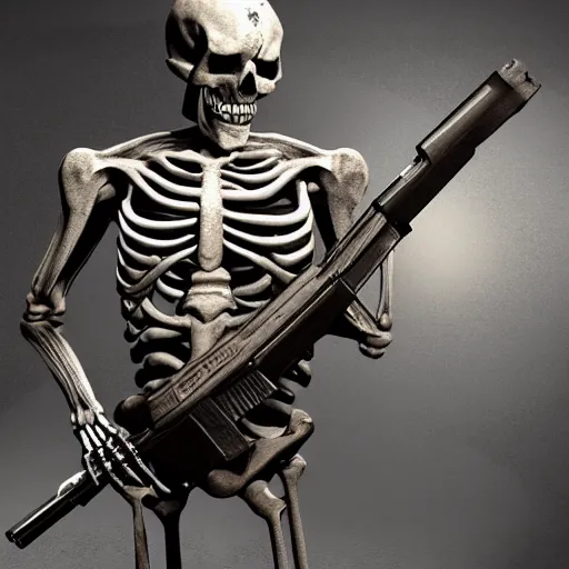 Prompt: photo of Skeleton zombie russian warrior with ak-47 asiimov, photorealism,