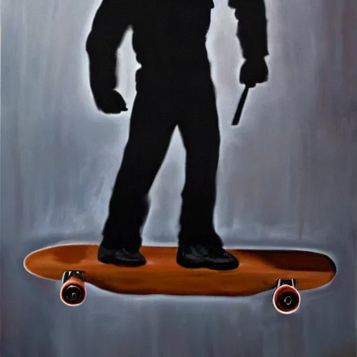 Prompt: A painting Arnold Schwarzenegger from terminator 1984 riding a skateboard smoking cigar, gloomy, portrait, ambient lighting,