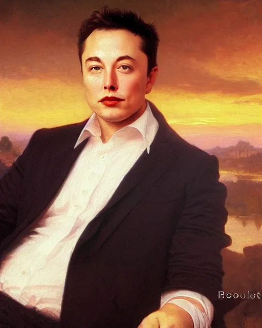 Prompt: beautiful glorious realistic oil painting of young elon musk, bokeh, baroque style by bouguereau, sunset, highly detailed, 8 k intricate