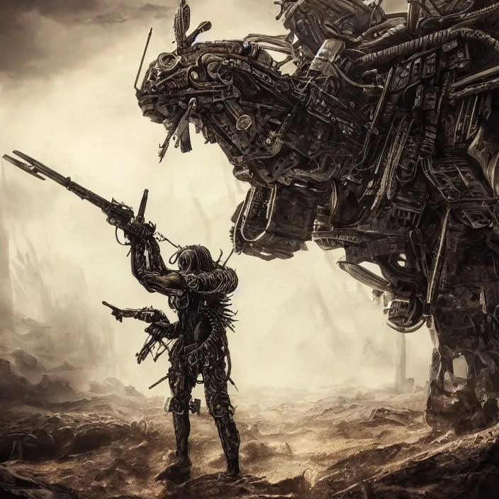 Prompt: apocalyptic man attached to machine weaponry, hyper - detailed, smooth, sharp focus, 4 k ultra hd, fantasy dark art, apocalyptic art