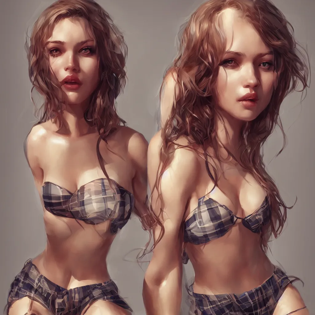 Image similar to a beautiful woman with sultry honey eyes, wearing plaid pleat shorts and drawstring shirred tube top, stunning, highly detailed, digital painting, artstation, hard focus, art by artgerm and wlop