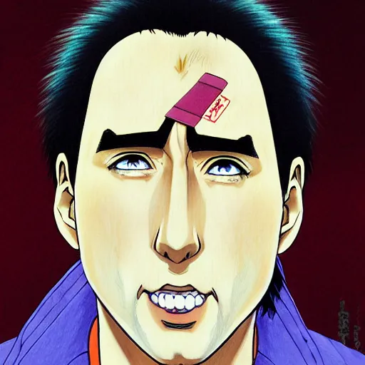 Prompt: anime portrait painting of nicholas cage by hayao miyazaki, katsuhiro otomo, akira toriyama, satoshi kon, eiichiro oda, hideaki anno