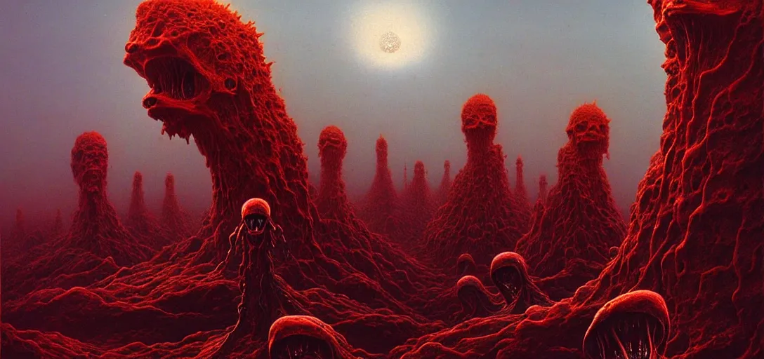 Prompt: hellish alien creatures on an alien world, artstyle zdzisaw beksinski, very intricate details, high resolution, 4 k