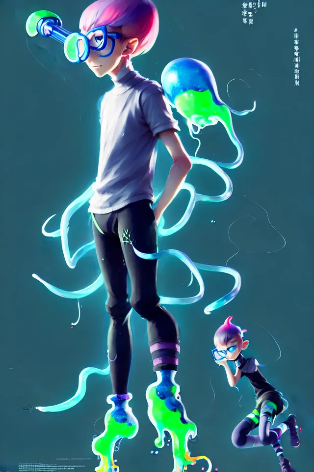 Image similar to a beautiful fullbody portrait of a cute splatoon anime boy wearing tight leggings under shorts. character design by cory loftis, fenghua zhong, ryohei hase, ismail inceoglu and ruan jia. artstation, volumetric light, detailed, photorealistic, fantasy, rendered in octane